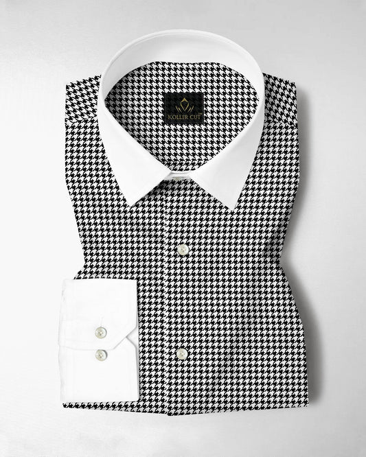 White and Jet Black Hounds Tooth Checks Designer Cotton Shirt  