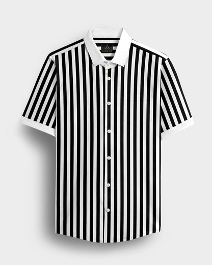 Jet Black and Bright White Chalk Stripes with White Cuff and Collar Designer Cotton Shirt