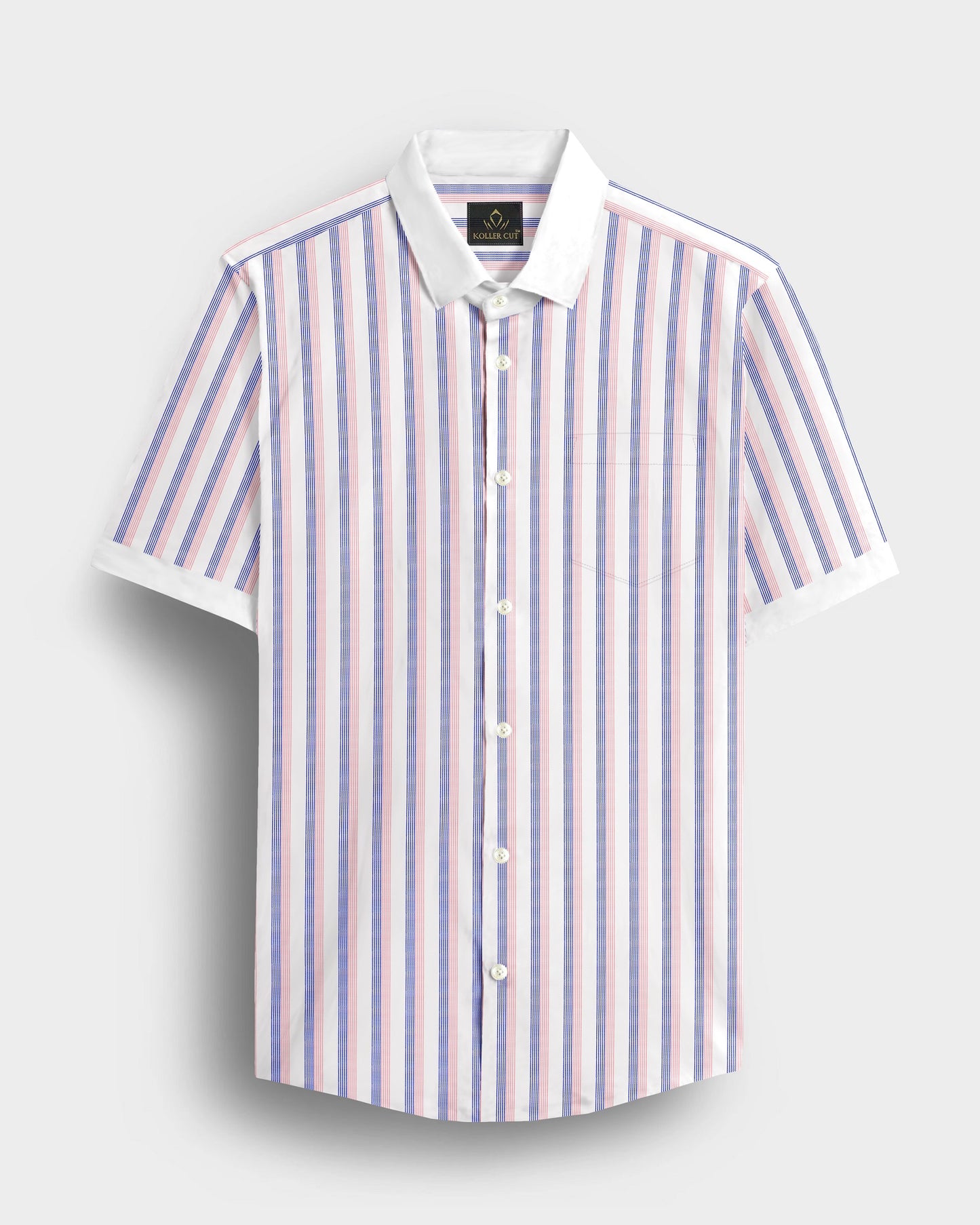 White with Coral Pink and Limoges Blue Pinstripes Designer Cotton Shirt