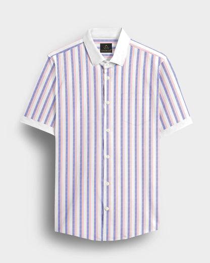 White with Coral Pink and Limoges Blue Pinstripes Designer Cotton Shirt