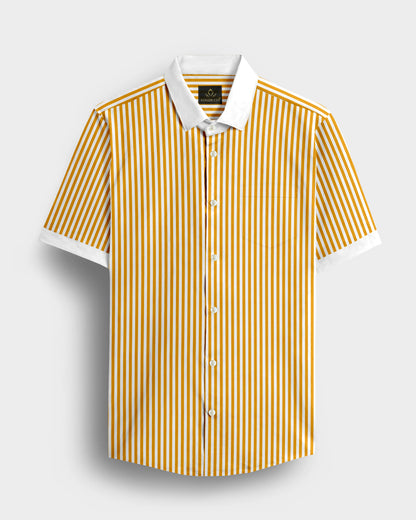 White and Mustard Yellow Candy Stripes Designer Cotton Shirt