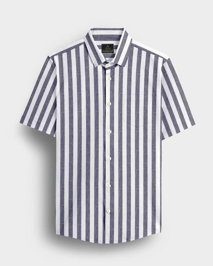 Porpoise Grey and Smoke White Awning Stripes Cotton Linen Shirt