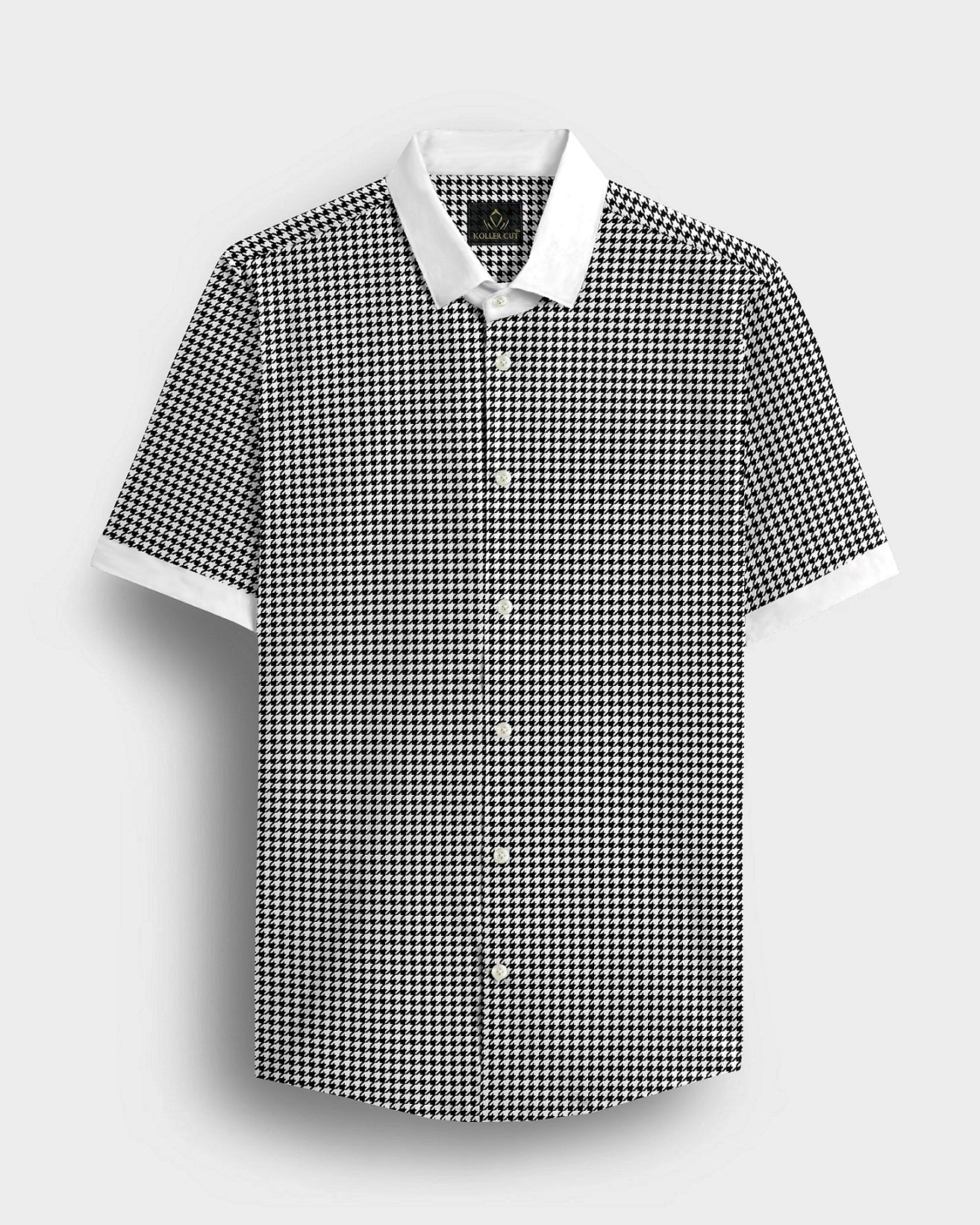 White and Jet Black Hounds Tooth Checks Designer Cotton Shirt  