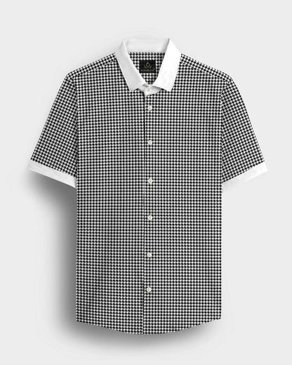 White and Jet Black Hounds Tooth Checks Designer Cotton Shirt  