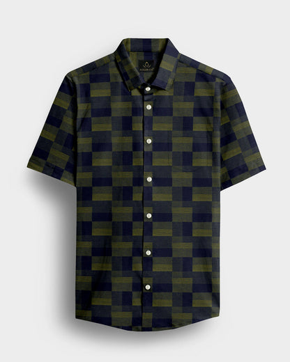 Cactus Green with Military Green and Moonlit Blue Rectangle Jacquard Checks Premium Egyptian Giza Cotton Shirt