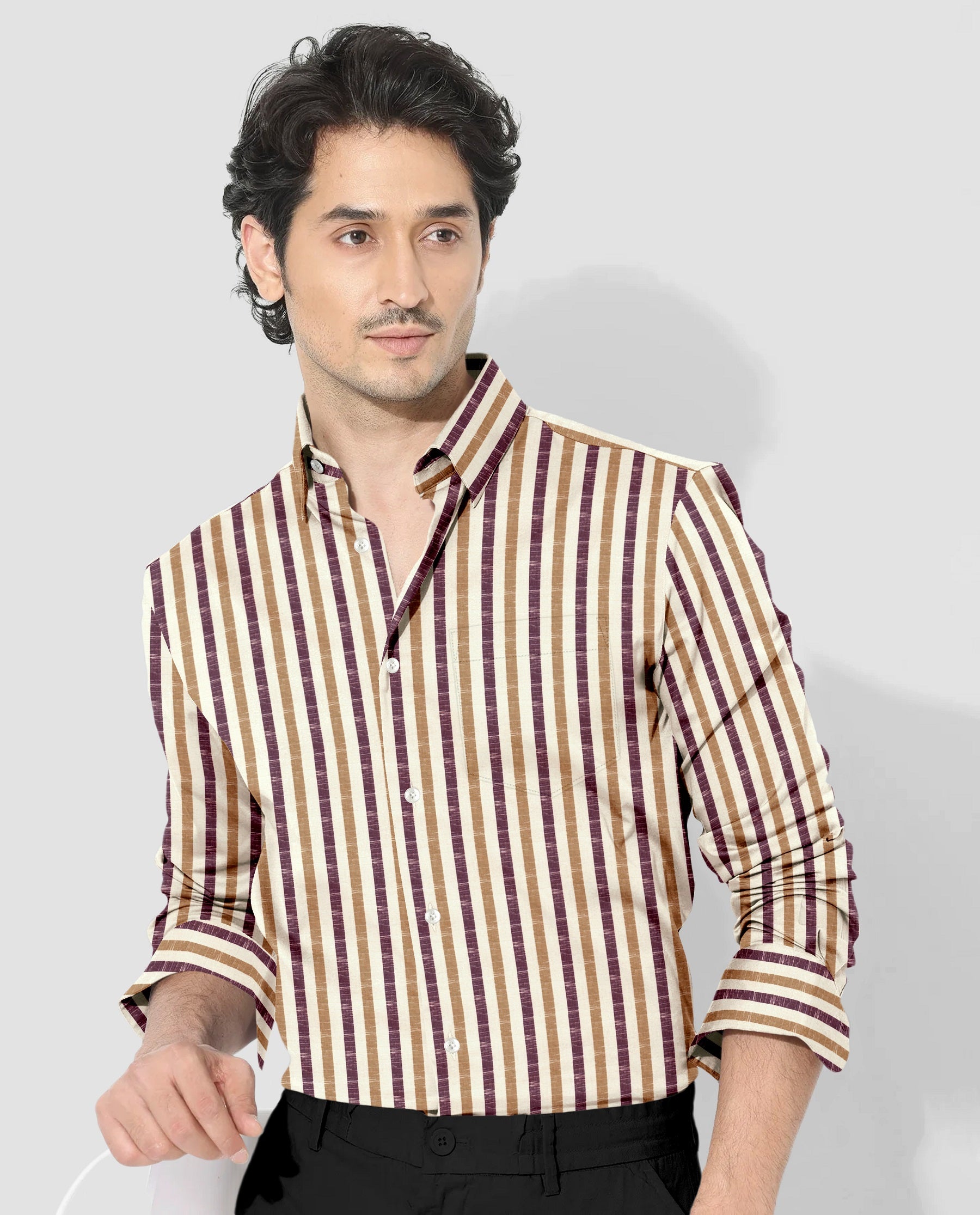 Beige with Wine and Antler Brown Multitrack Stripes Cotton Linen Shirt