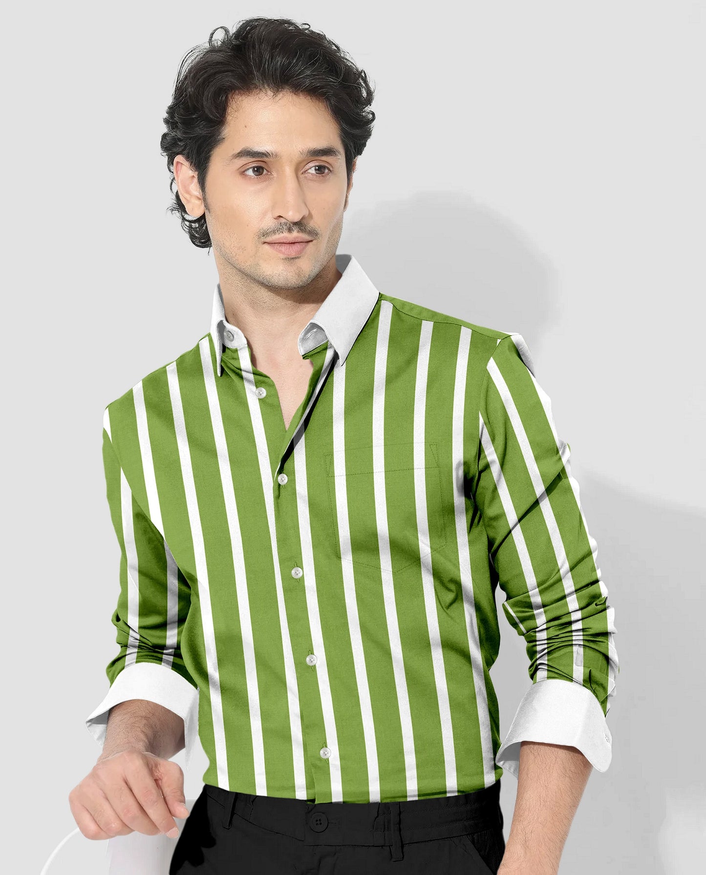 Kiwi Green and White Wide Chalk Stripes Designer Cotton Shirt