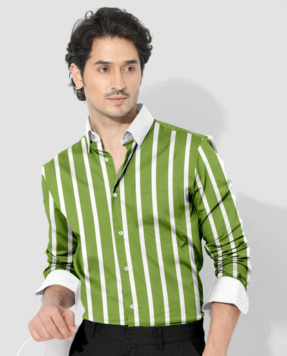 Kiwi Green and White Wide Chalk Stripes Designer Cotton Shirt