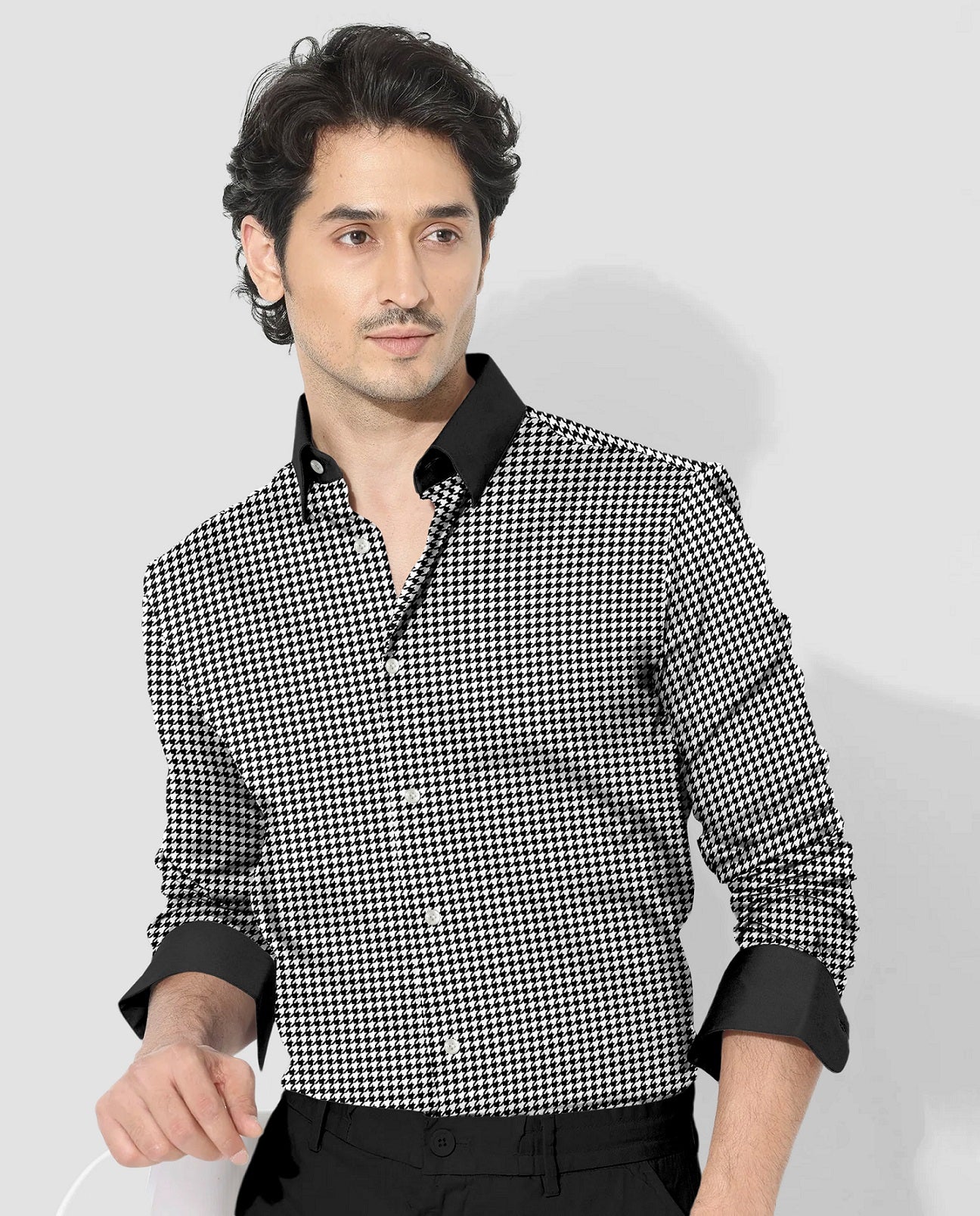 White and Jet Black Hounds Tooth Checks Designer Cotton Shirt