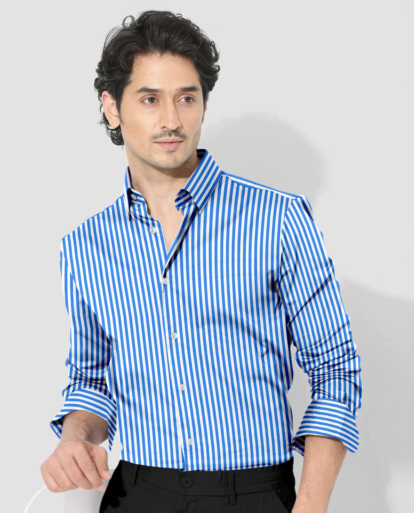 White and Stellar Blue Candy Stripes Cotton Shirt