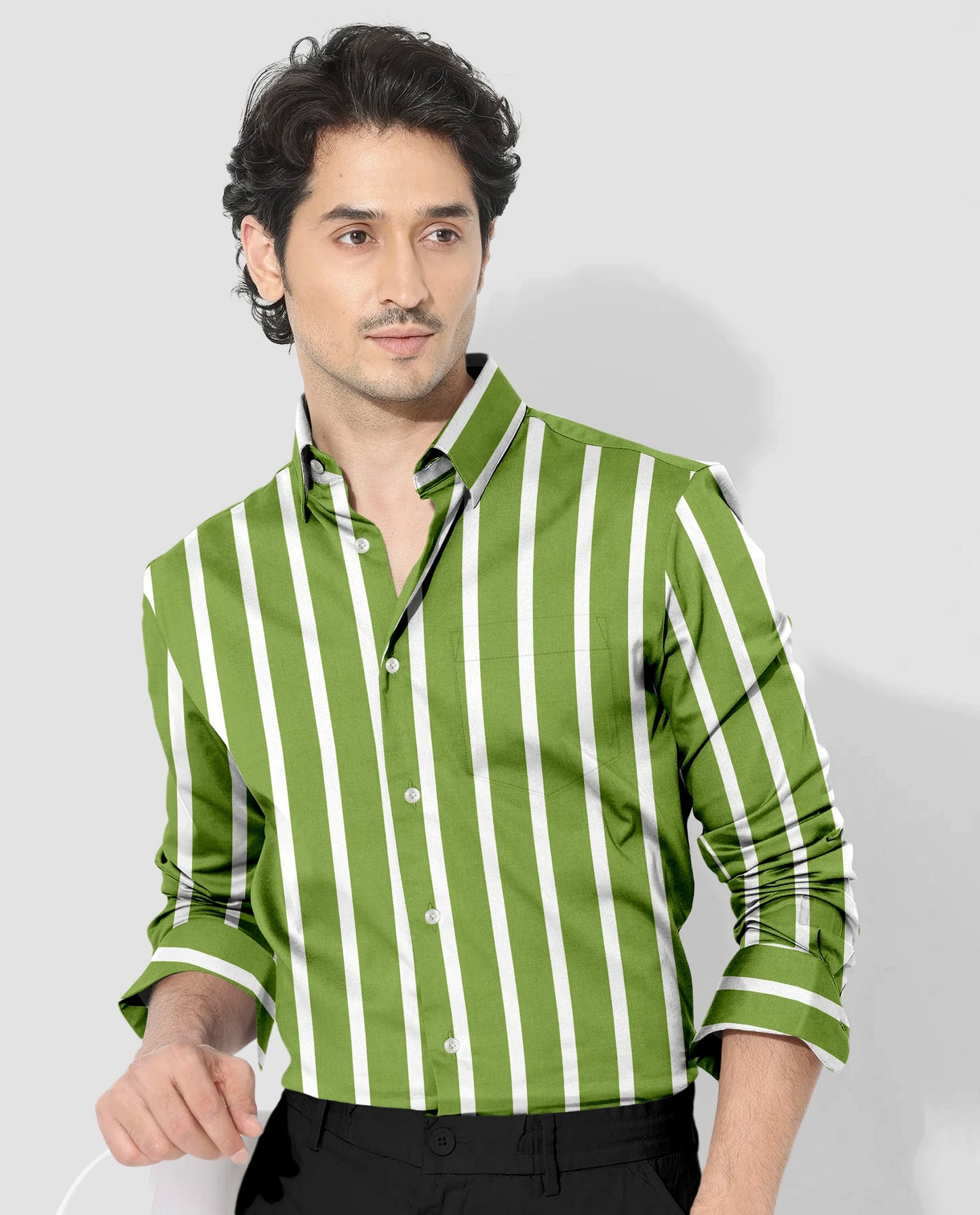 Kiwi Green and White Wide Chalk Stripes Cotton Shirt