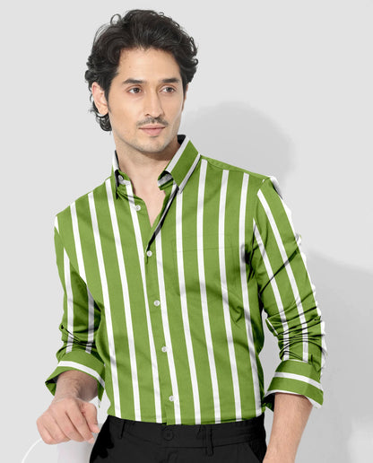 Kiwi Green and White Wide Chalk Stripes Cotton Shirt