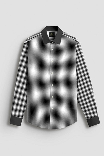 White and Jet Black Hounds Tooth Checks Designer Cotton Shirt