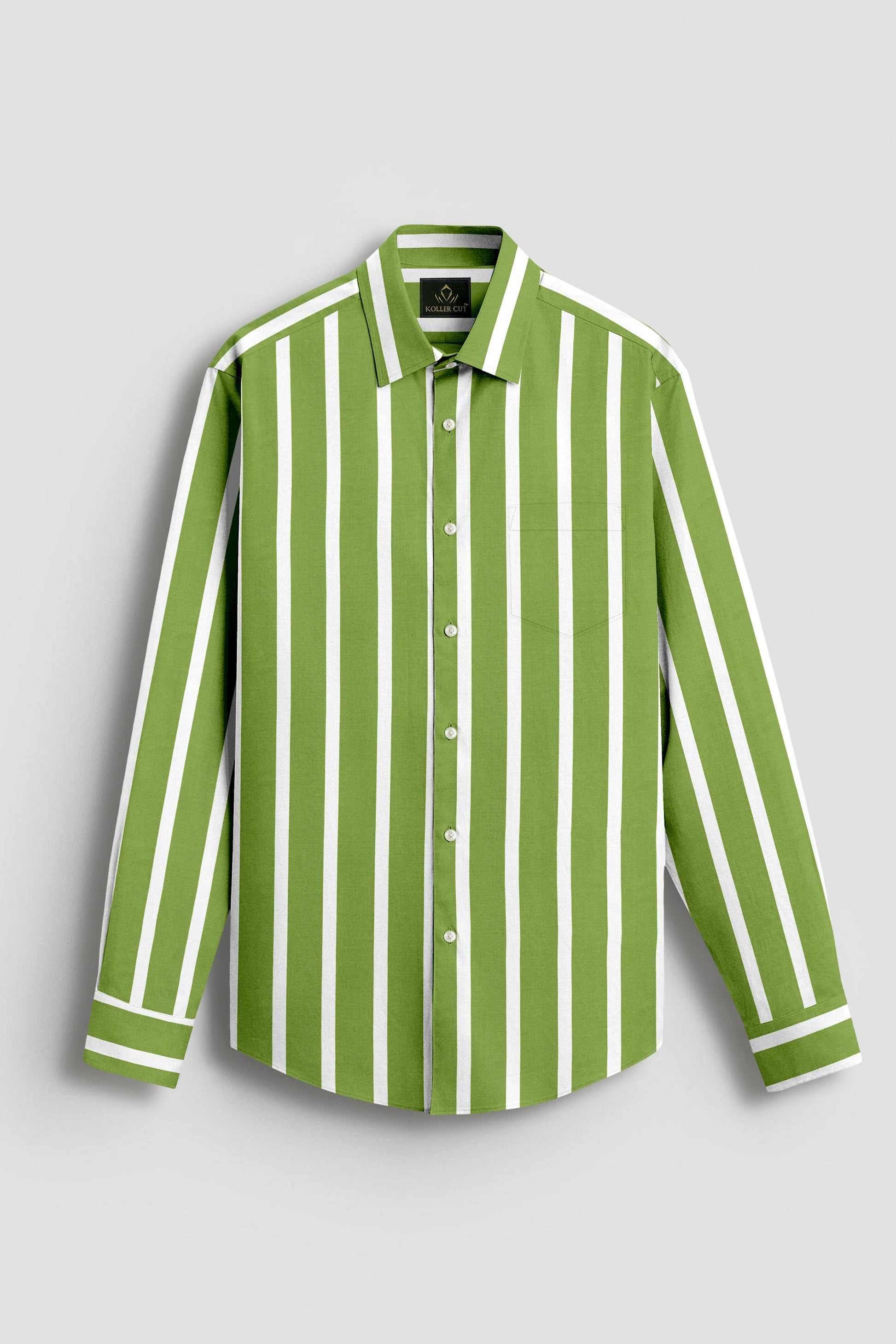 Kiwi Green and White Wide Chalk Stripes Cotton Shirt