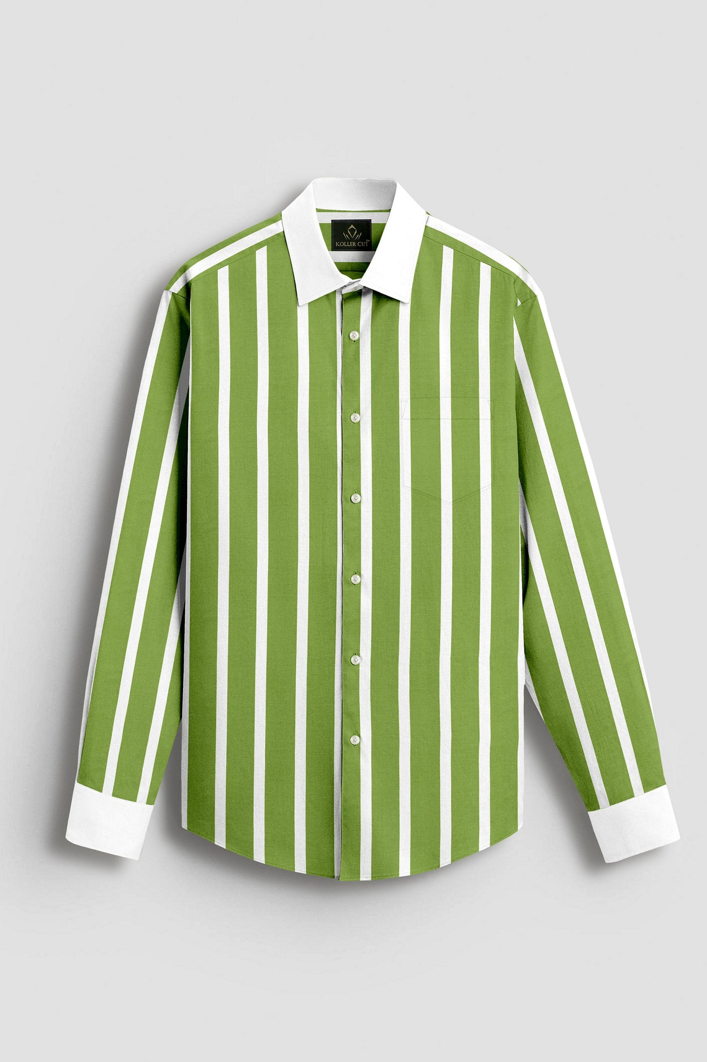 Kiwi Green and White Wide Chalk Stripes Designer Cotton Shirt