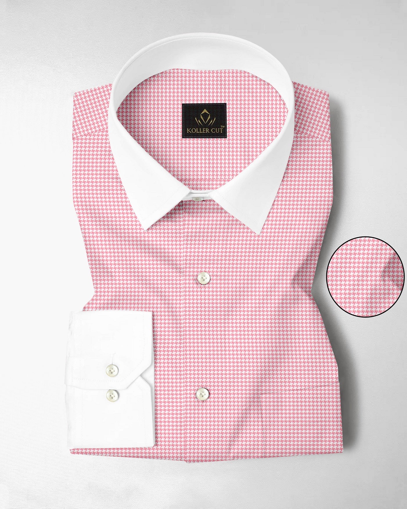 White and Petal Pink Hounds Tooth Checks Designer Cotton Shirt