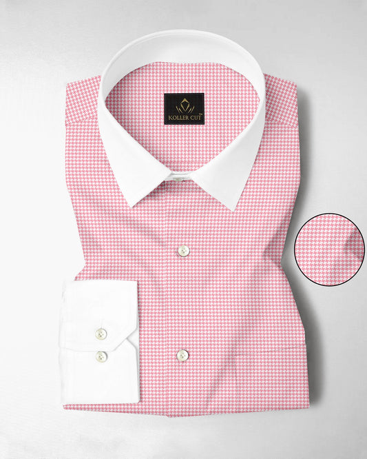 White and Petal Pink Hounds Tooth Checks Designer Cotton Shirt