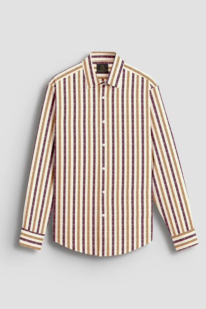 Beige with Wine and Antler Brown Multitrack Stripes Cotton Linen Shirt