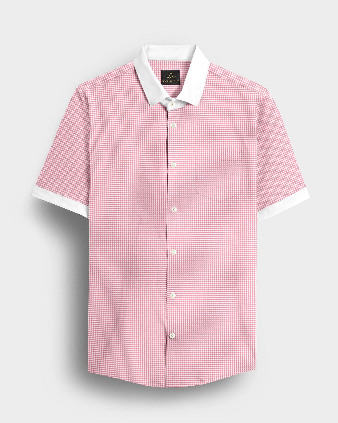 White and Petal Pink Hounds Tooth Checks Designer Cotton Shirt