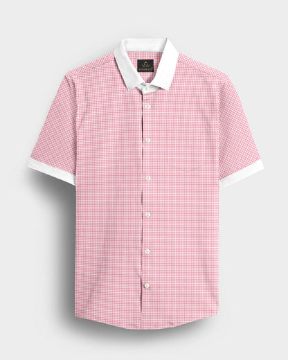 White and Petal Pink Hounds Tooth Checks Designer Cotton Shirt