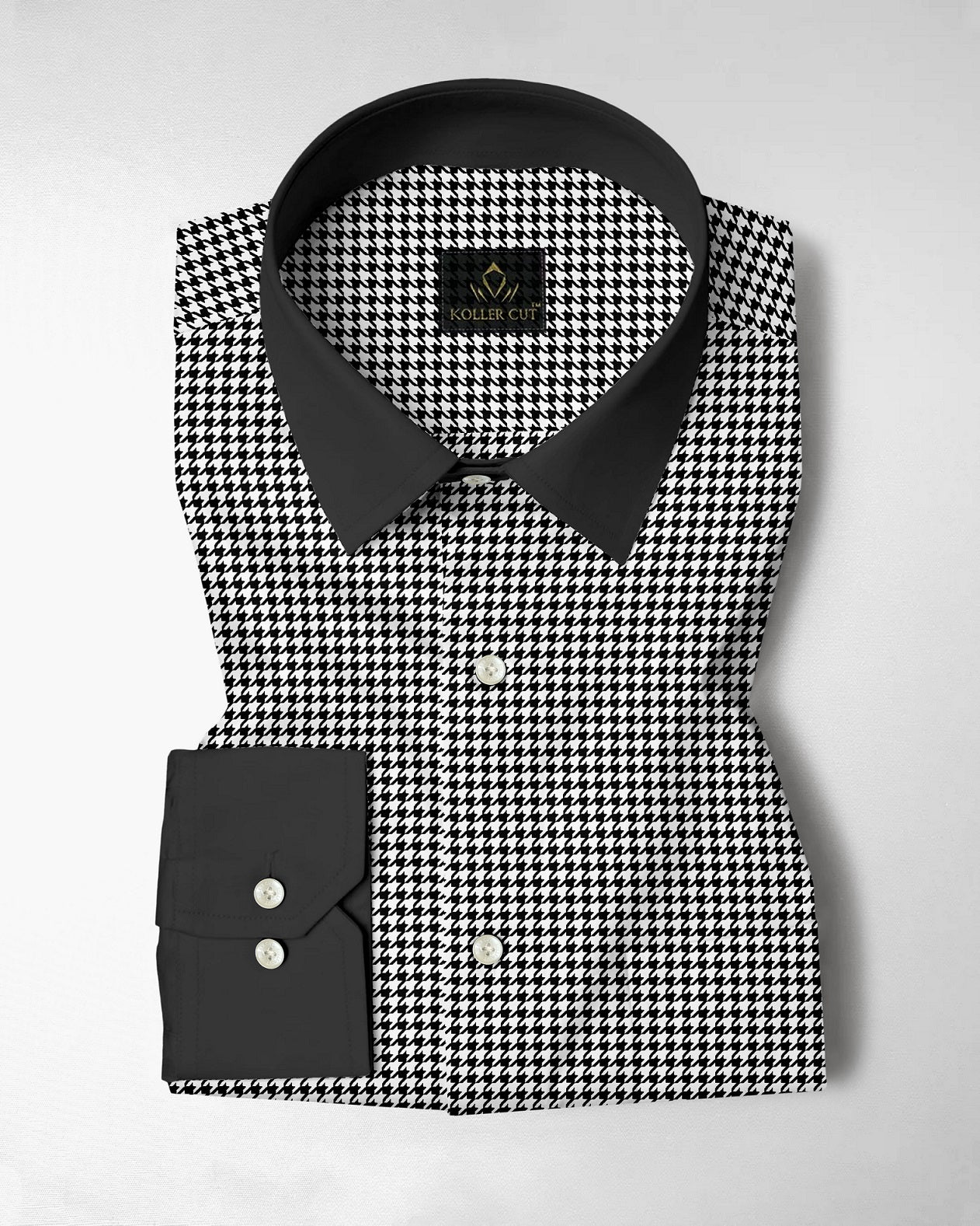 White and Jet Black Hounds Tooth Checks Designer Cotton Shirt