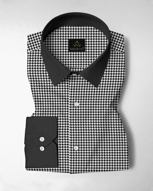 White and Jet Black Hounds Tooth Checks Designer Cotton Shirt