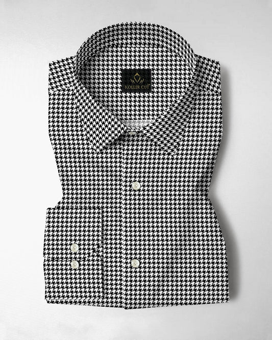 White and Jet Black Hounds Tooth Checks Cotton Shirt