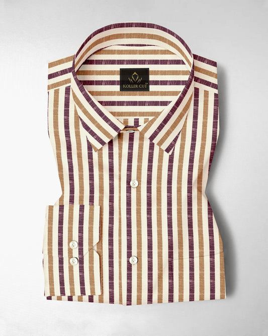 Beige with Wine and Antler Brown Multitrack Stripes Cotton Linen Shirt