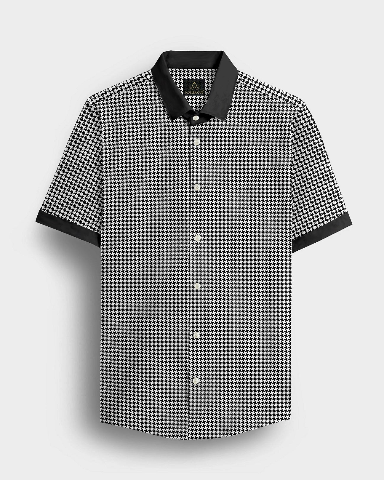 White and Jet Black Hounds Tooth Checks Designer Cotton Shirt