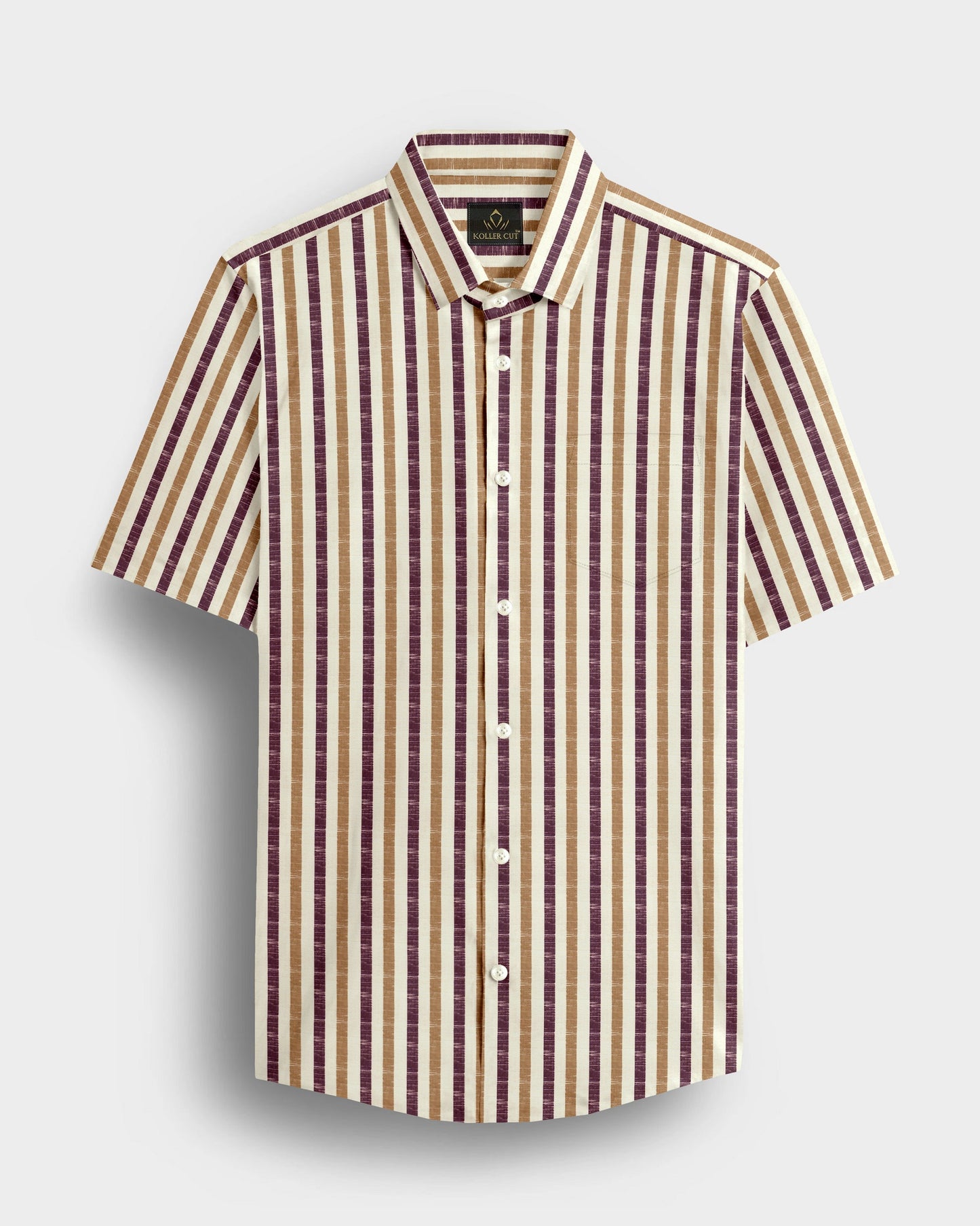 Beige with Wine and Antler Brown Multitrack Stripes Cotton Linen Shirt
