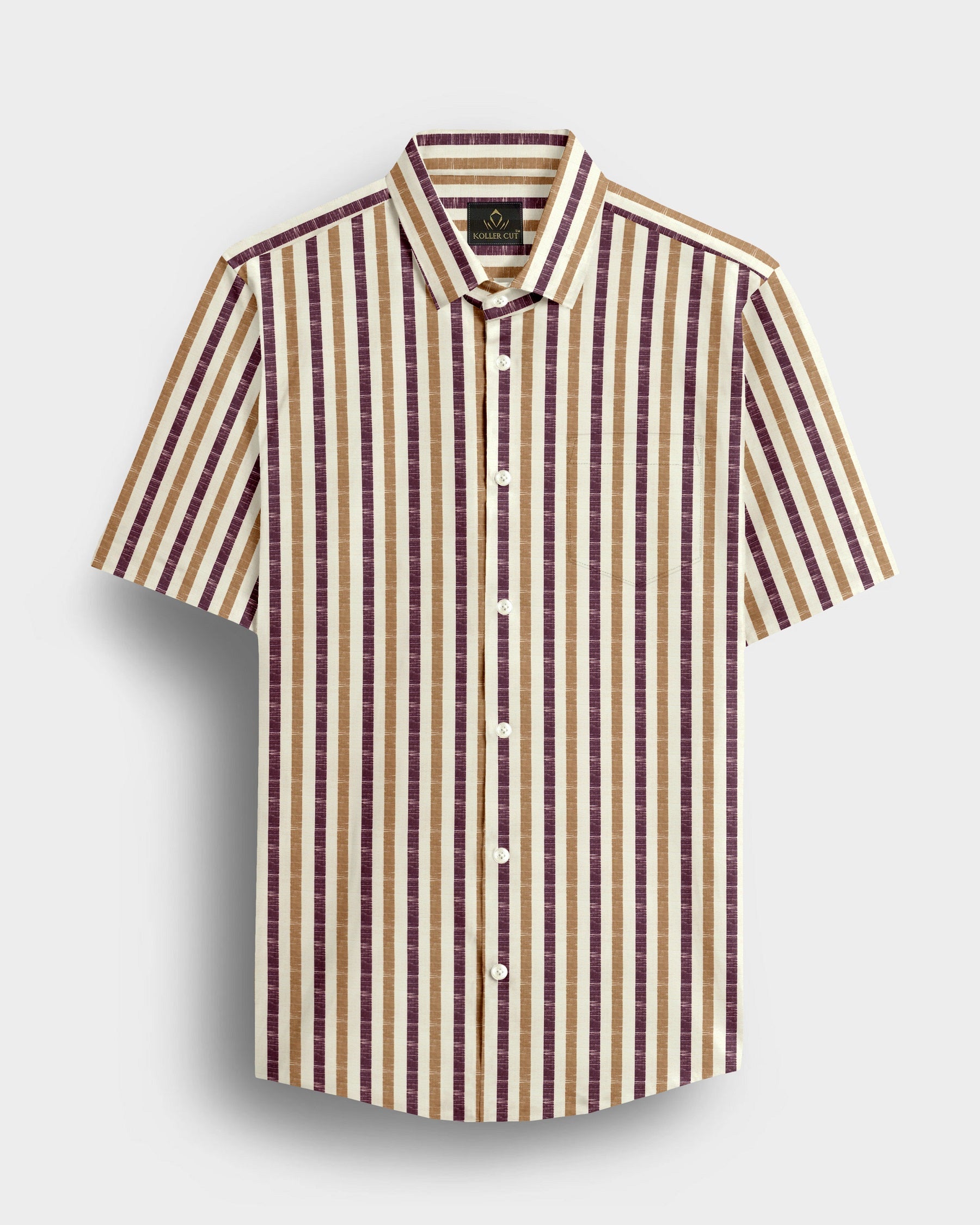 Beige with Wine and Antler Brown Multitrack Stripes Cotton Linen Shirt