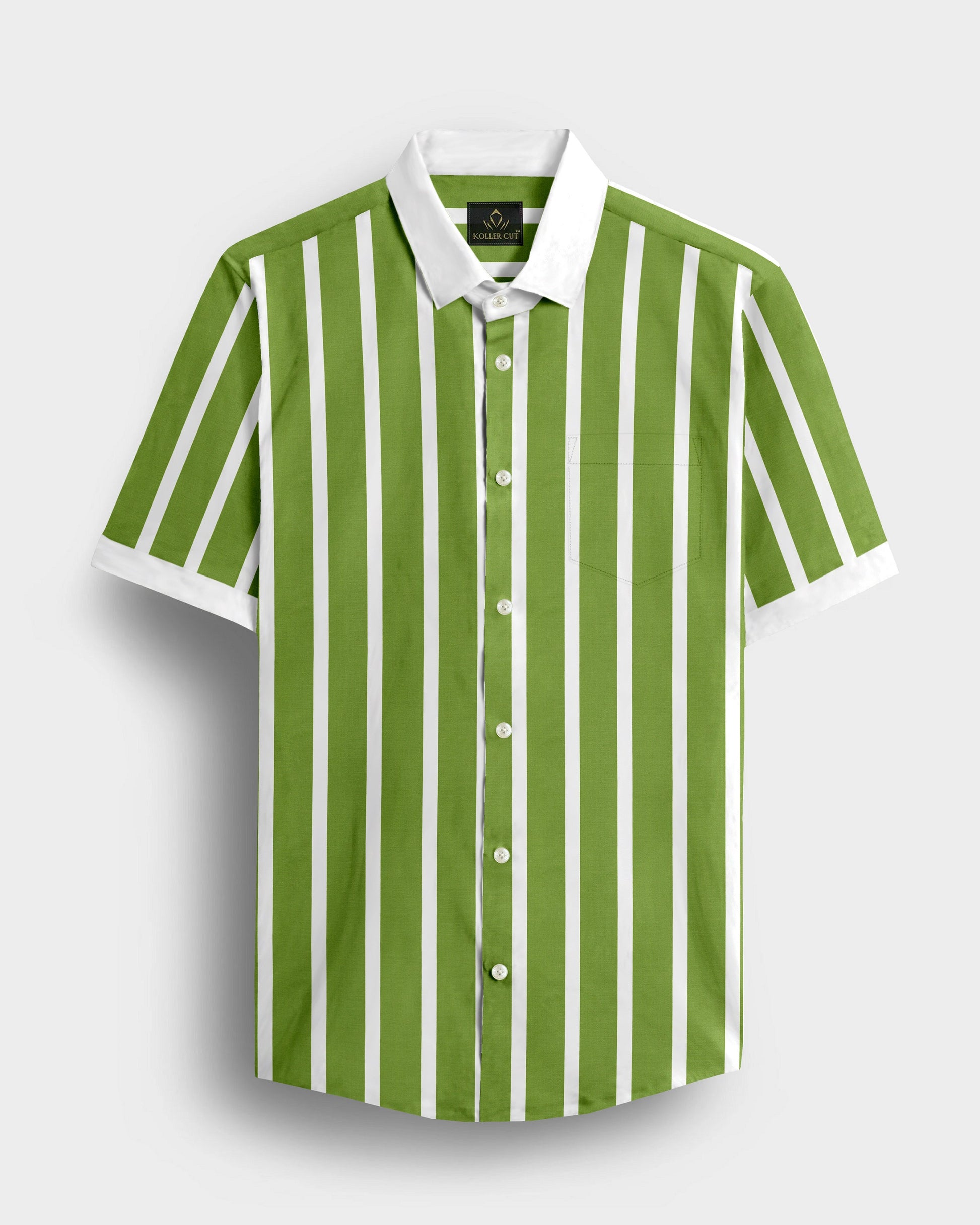 Kiwi Green and White Wide Chalk Stripes Designer Cotton Shirt