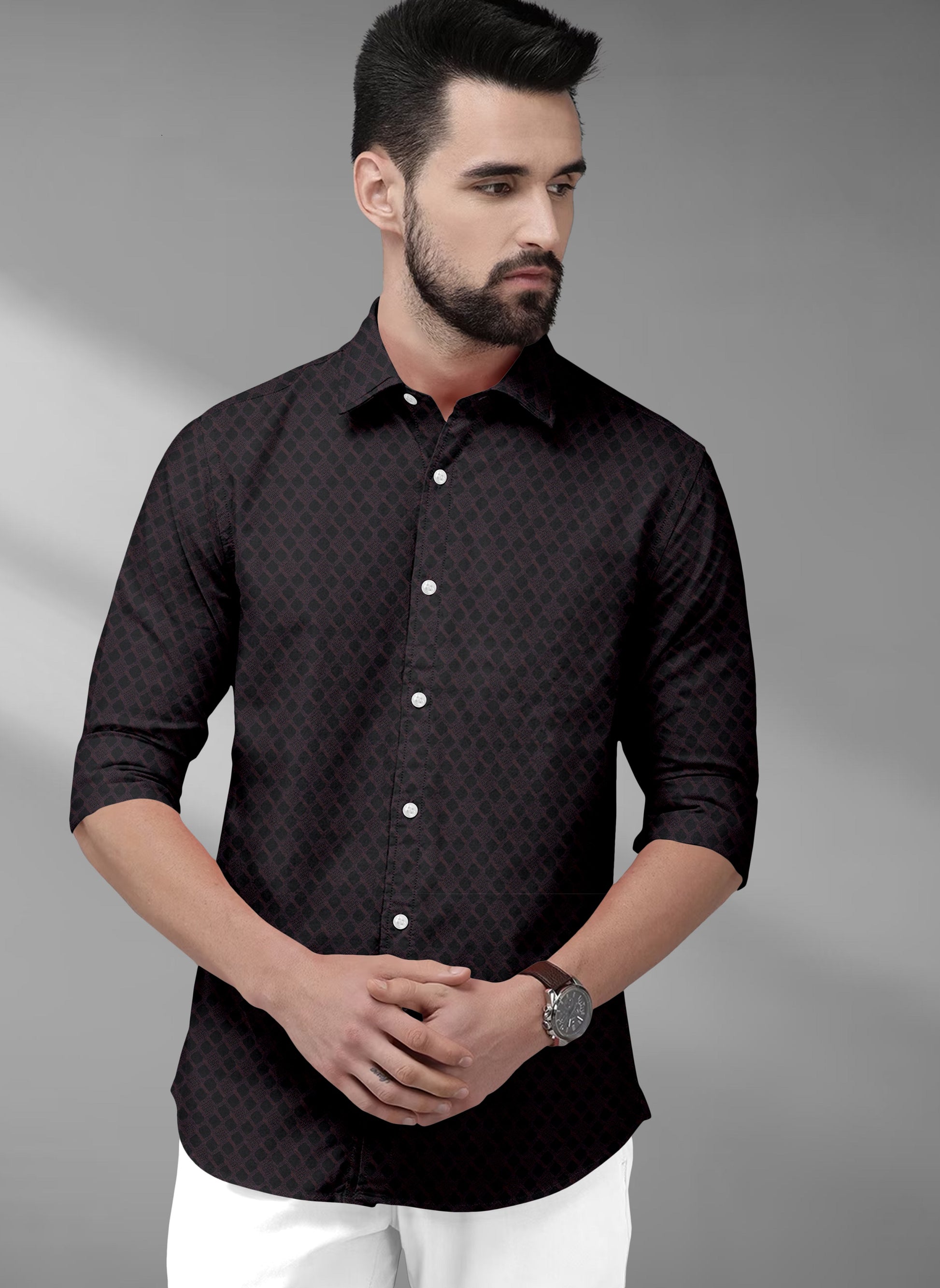 Kollercut-Bracken Brown and Black Rhombus Jacquard Print Egyptian Giza Cotton Shirt