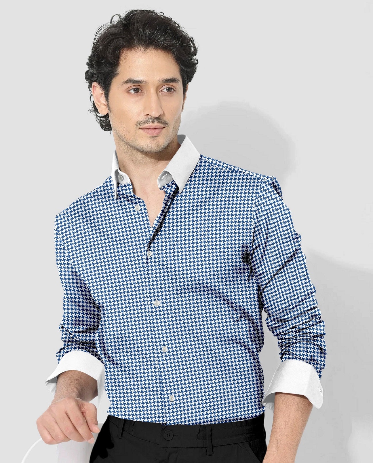 White and Baleine Blue Hounds Tooth Checks Designer Cotton Shirt