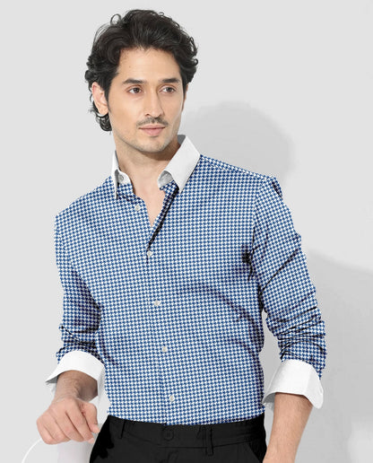 White and Baleine Blue Hounds Tooth Checks Designer Cotton Shirt