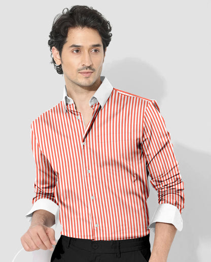 White and Celosia Orange Candy Stripes Designer Cotton Shirt