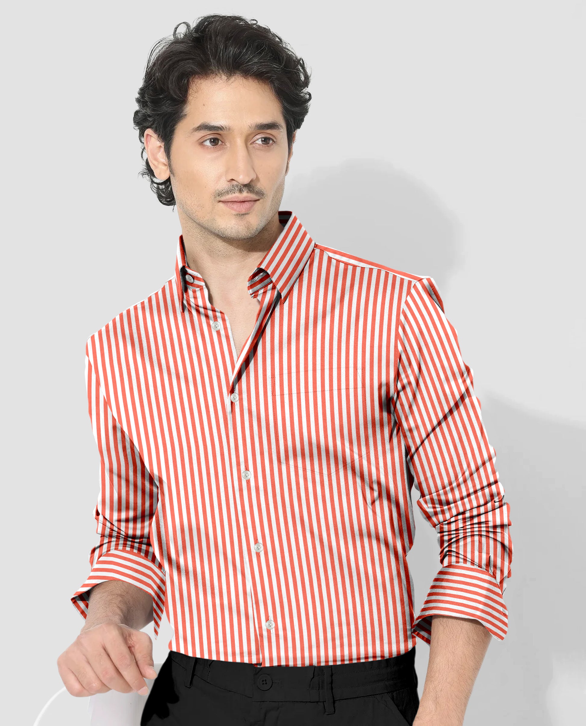 White and Celosia Orange Candy Stripes Cotton Shirt