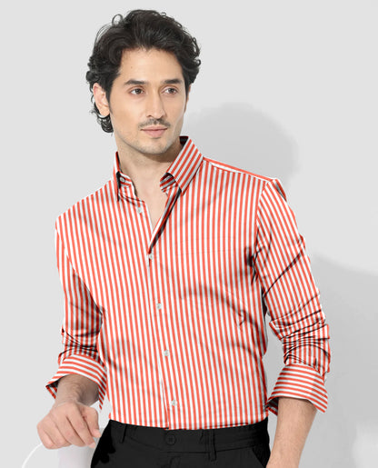 White and Celosia Orange Candy Stripes Cotton Shirt