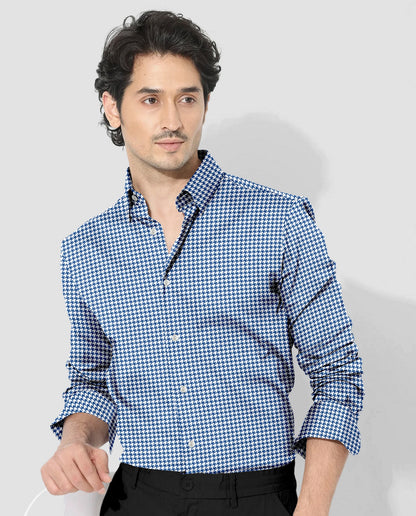 White and Baleine Blue Hounds Tooth Checks Cotton Shirt