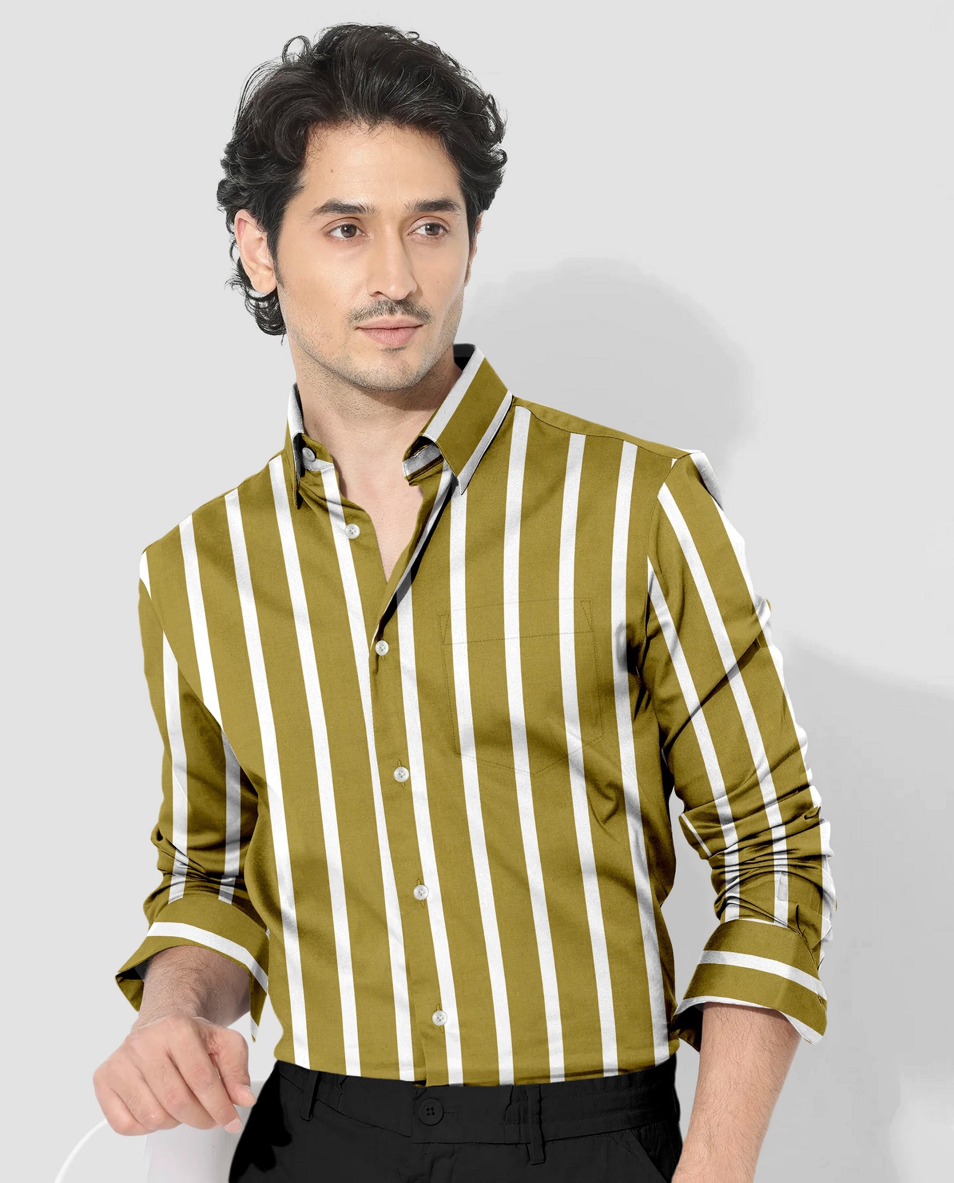 Golden Olive and White Wide Chalk Stripes Cotton Shirt