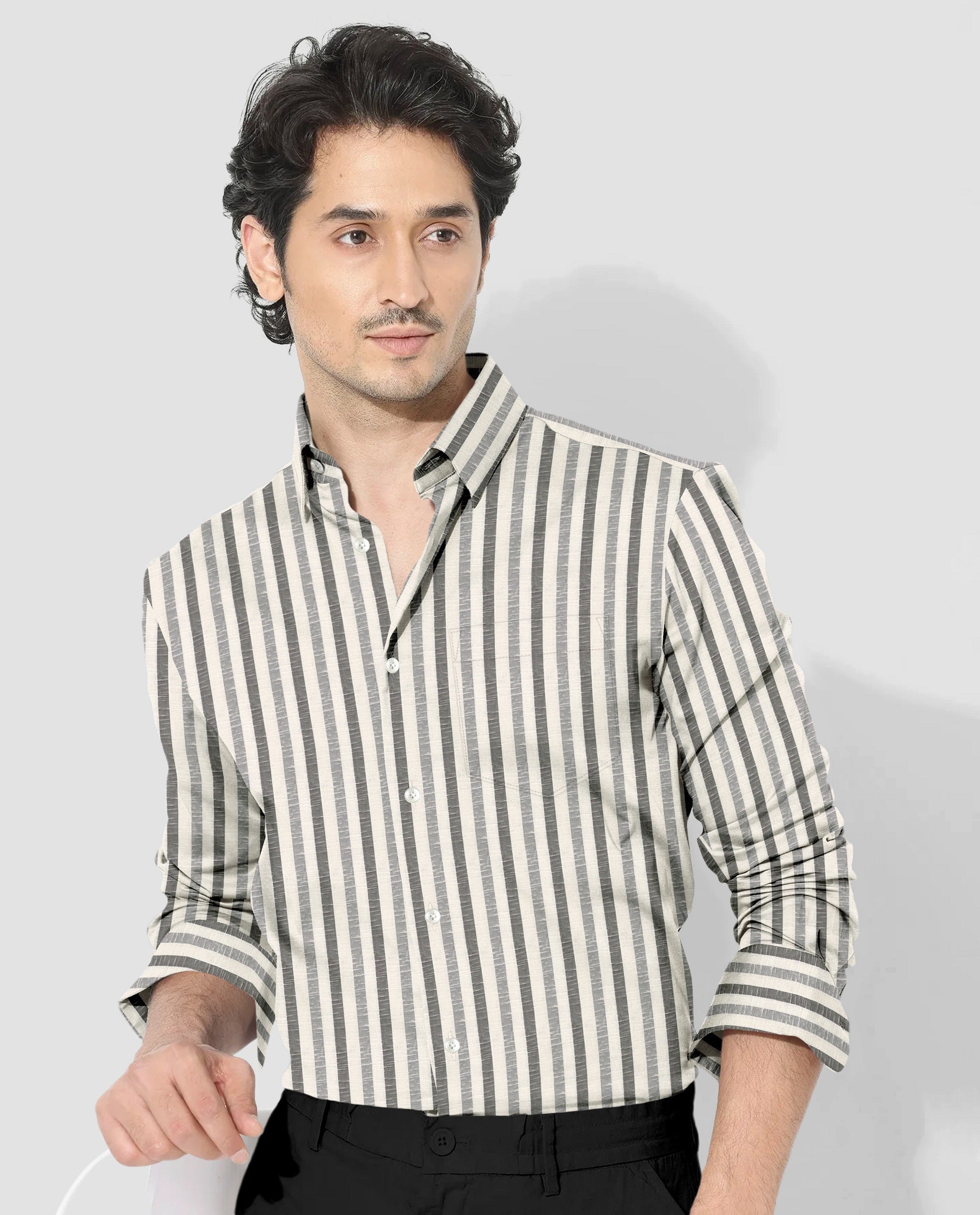 Beige with Cilantro Green and Titanium Gray Multitrack Stripes Cotton Linen Shirt