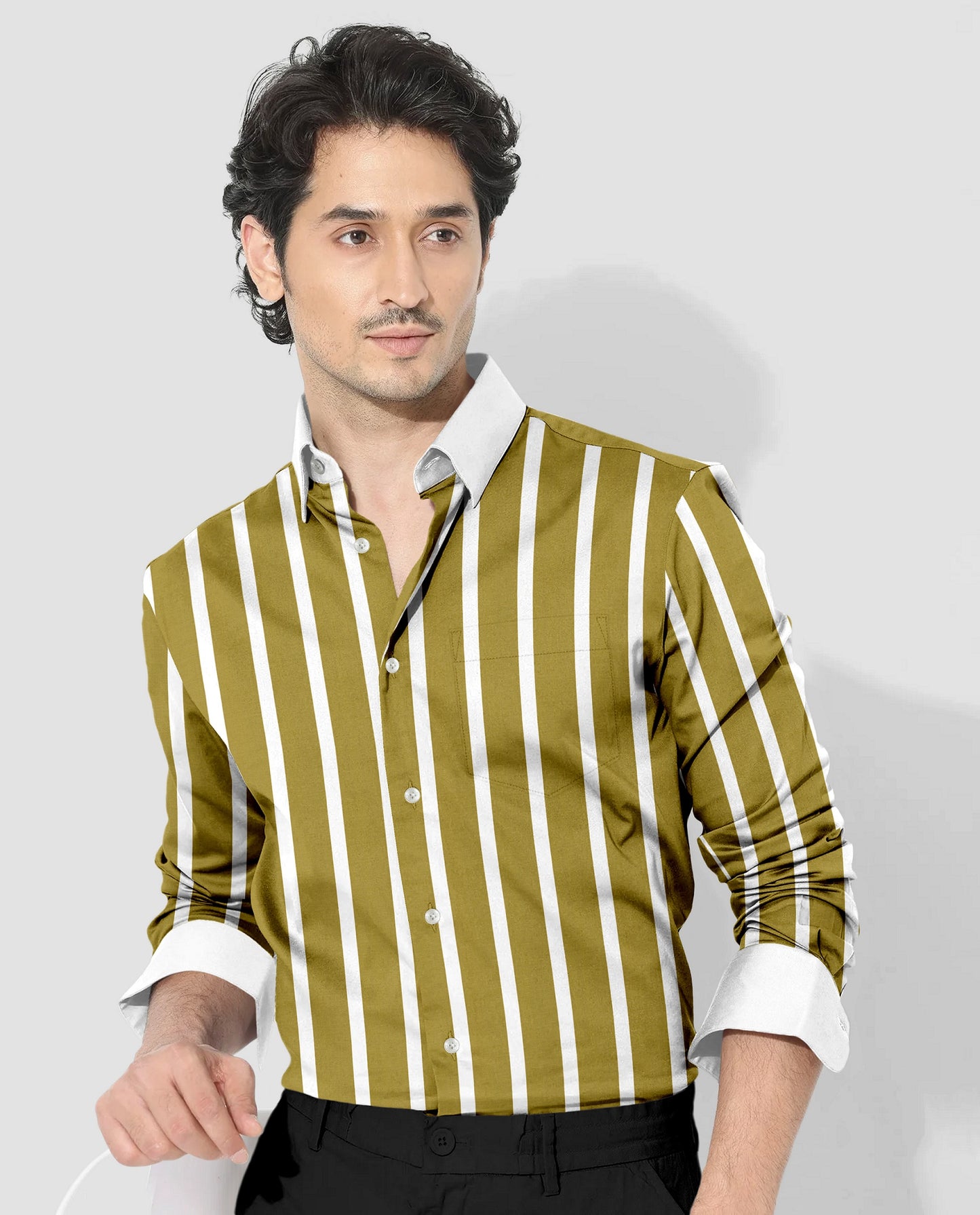 Golden Olive and White Wide Chalk Stripes Designer Cotton Shirt