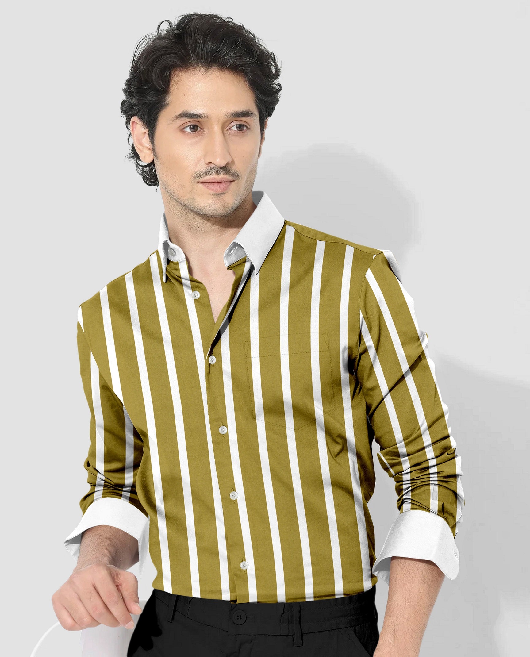 Golden Olive and White Wide Chalk Stripes Designer Cotton Shirt
