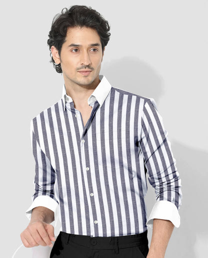 Porpoise Grey and Bright White Awning Stripes Designer Cotton Linen Shirt