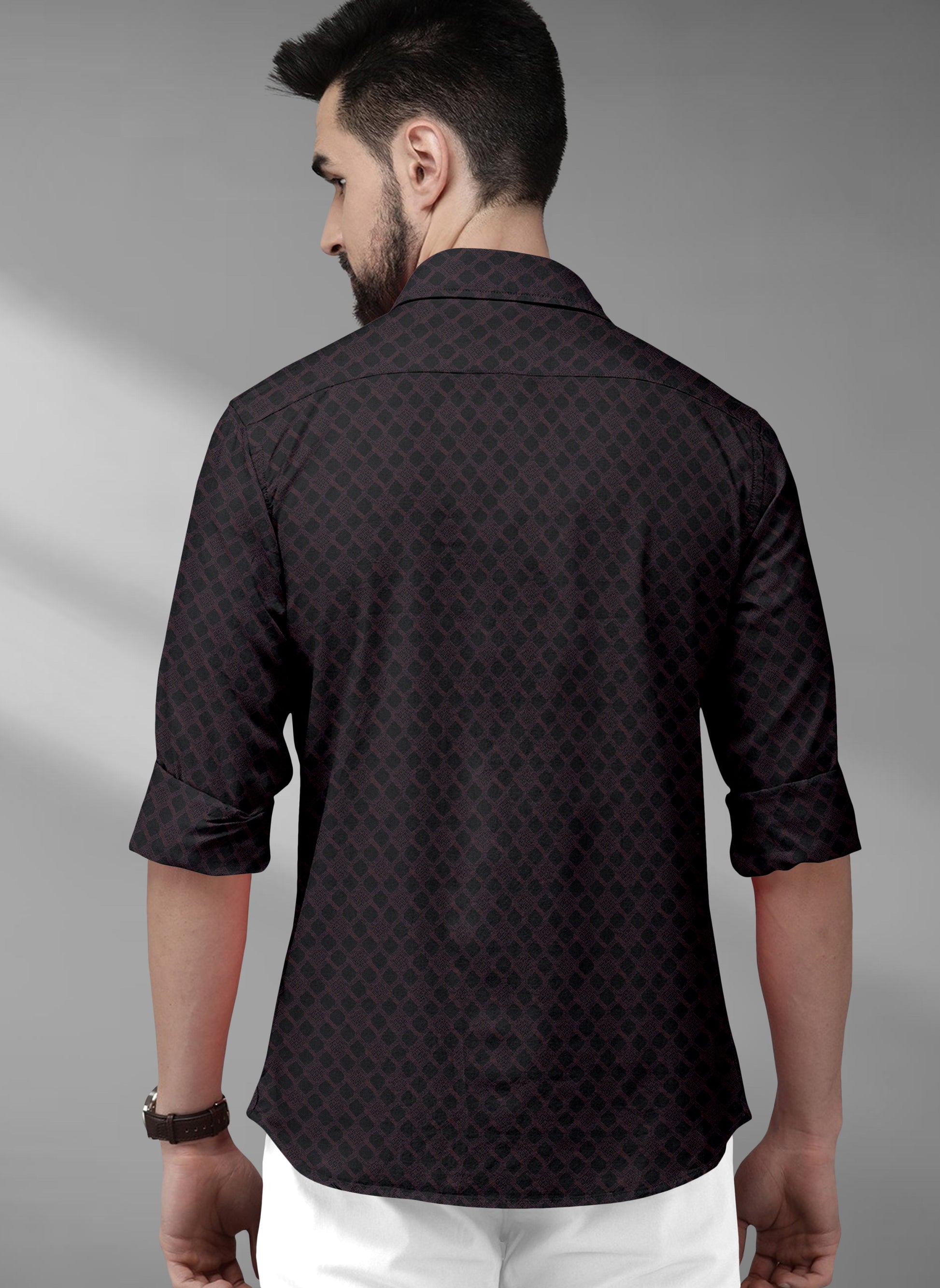 Kollercut-Bracken Brown and Black Rhombus Jacquard Print Egyptian Giza Cotton Shirt