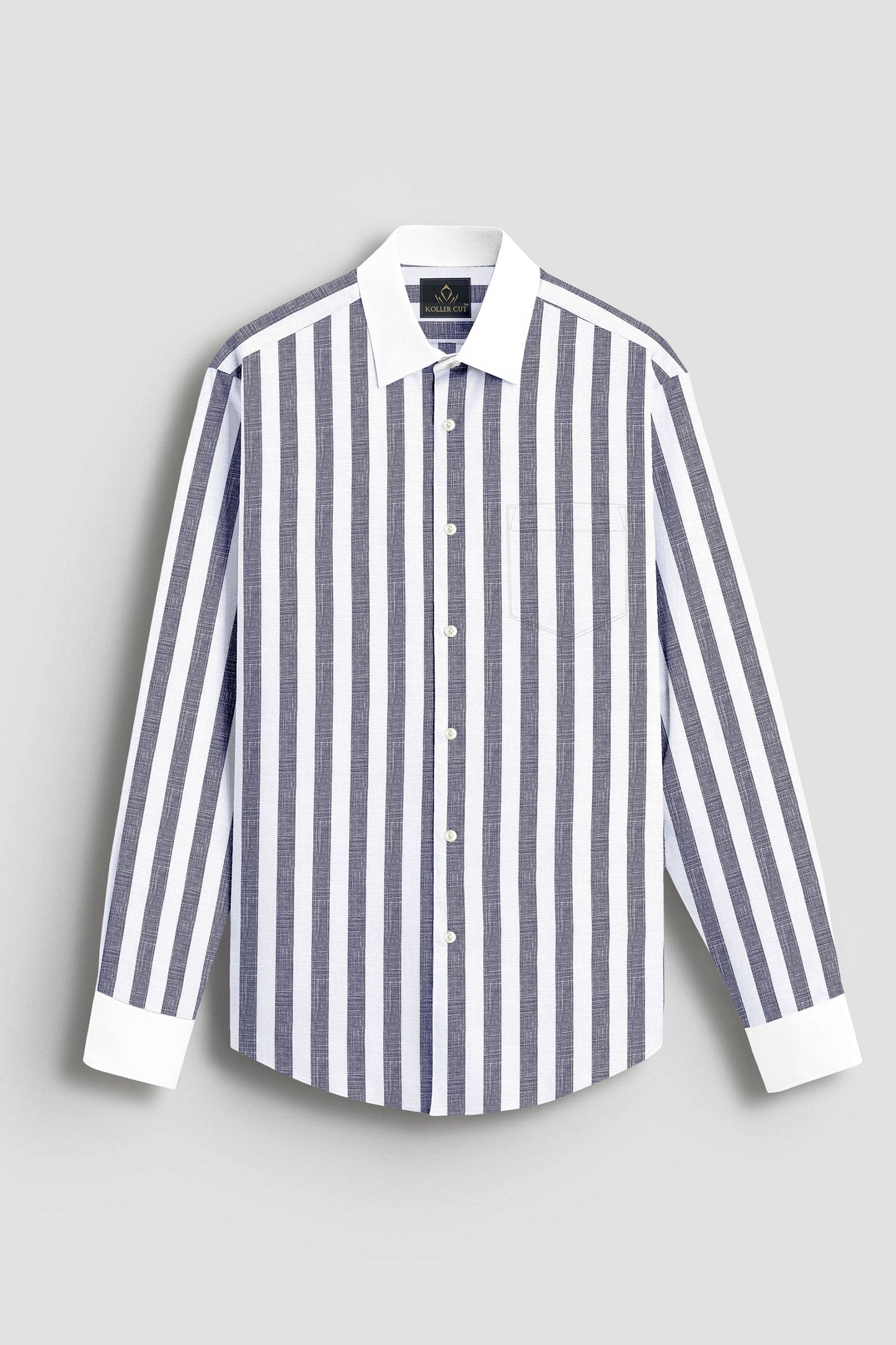 Porpoise Grey and Bright White Awning Stripes Designer Cotton Linen Shirt