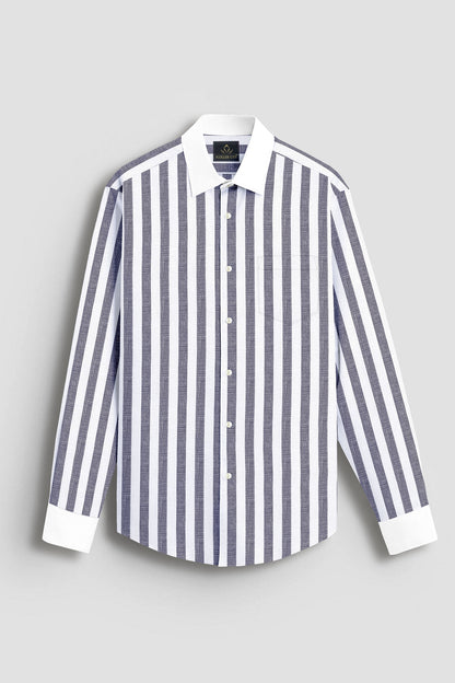Porpoise Grey and Bright White Awning Stripes Designer Cotton Linen Shirt