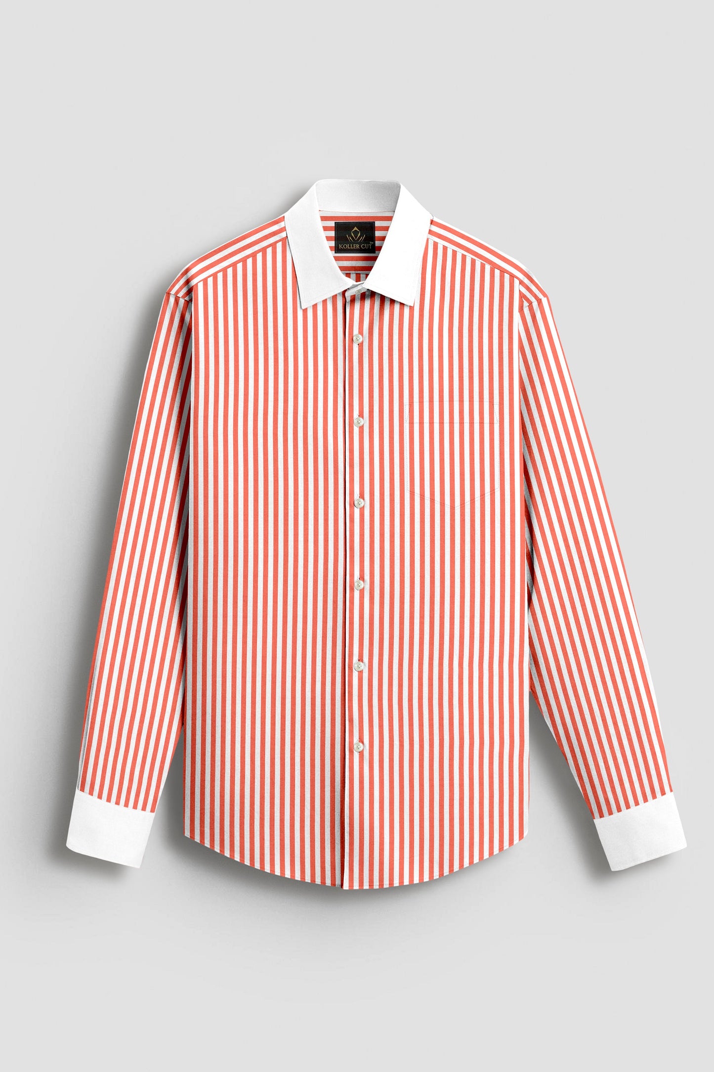 White and Celosia Orange Candy Stripes Designer Cotton Shirt