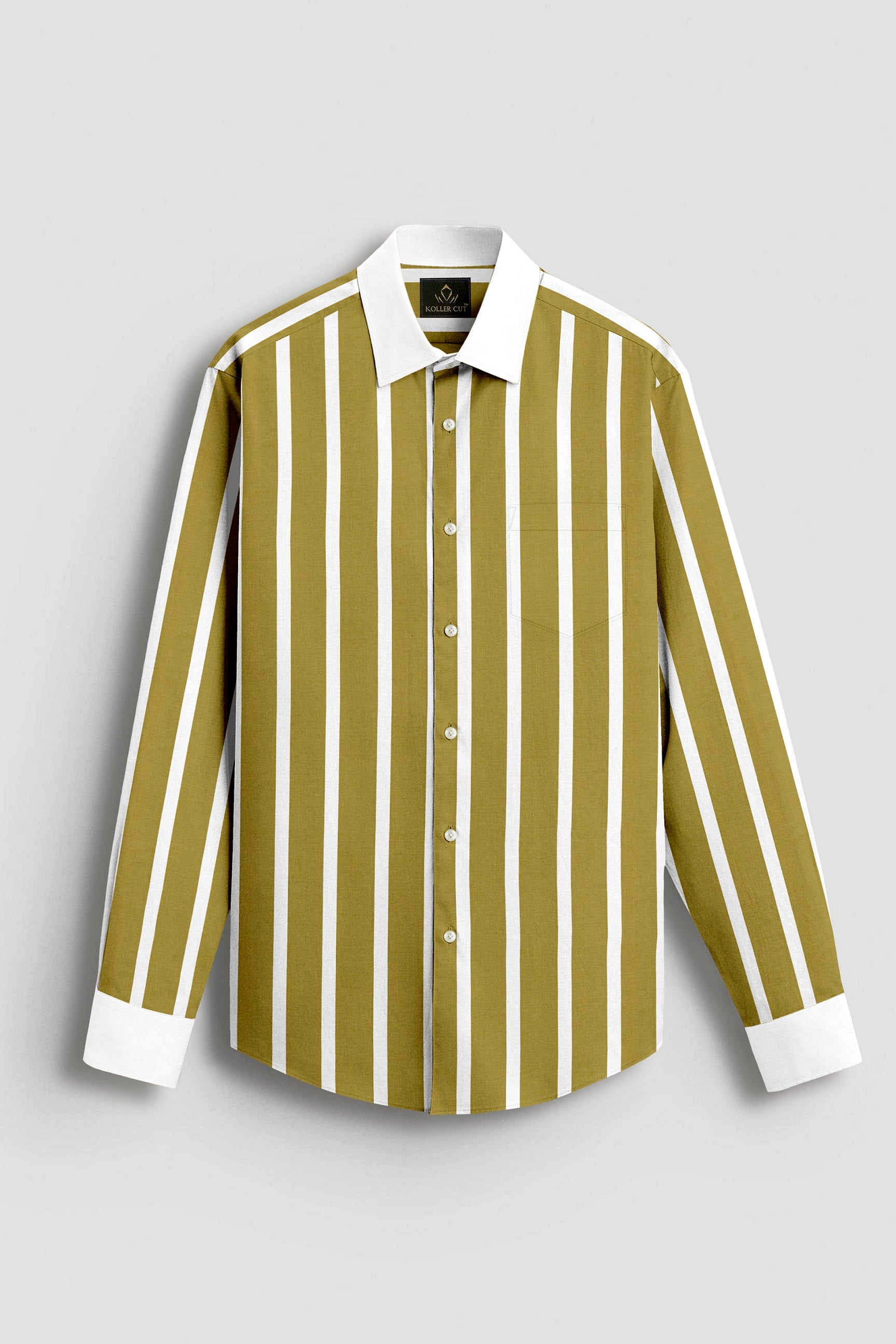 Golden Olive and White Wide Chalk Stripes Designer Cotton Shirt