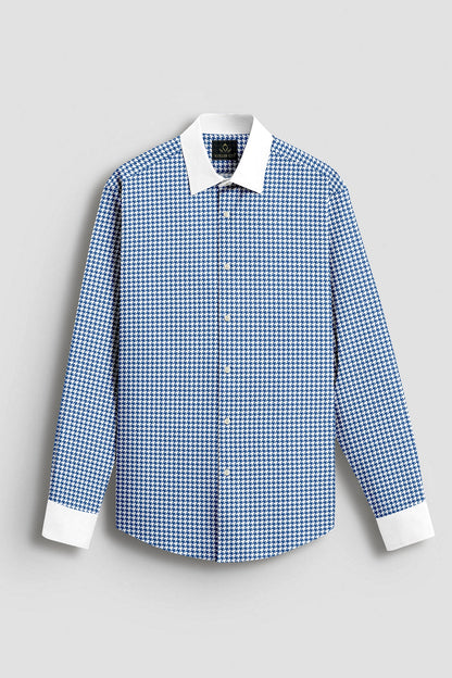 White and Baleine Blue Hounds Tooth Checks Designer Cotton Shirt